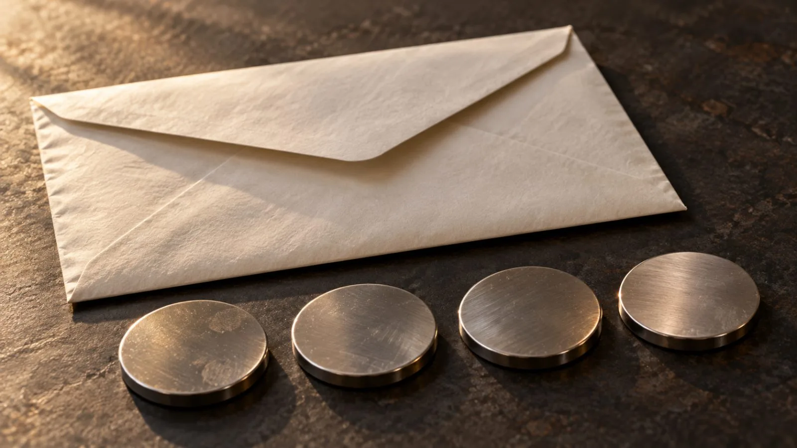 An unmarked envelope rests beside four evenly spaced metal discs / TokenPost.ai