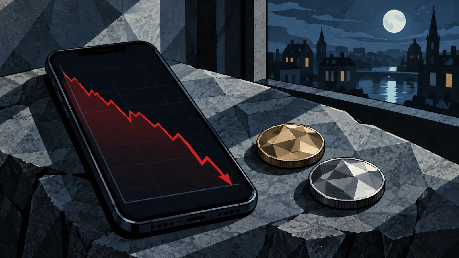 Unmarked crypto coins beside a sharply falling market display / TokenPost.ai