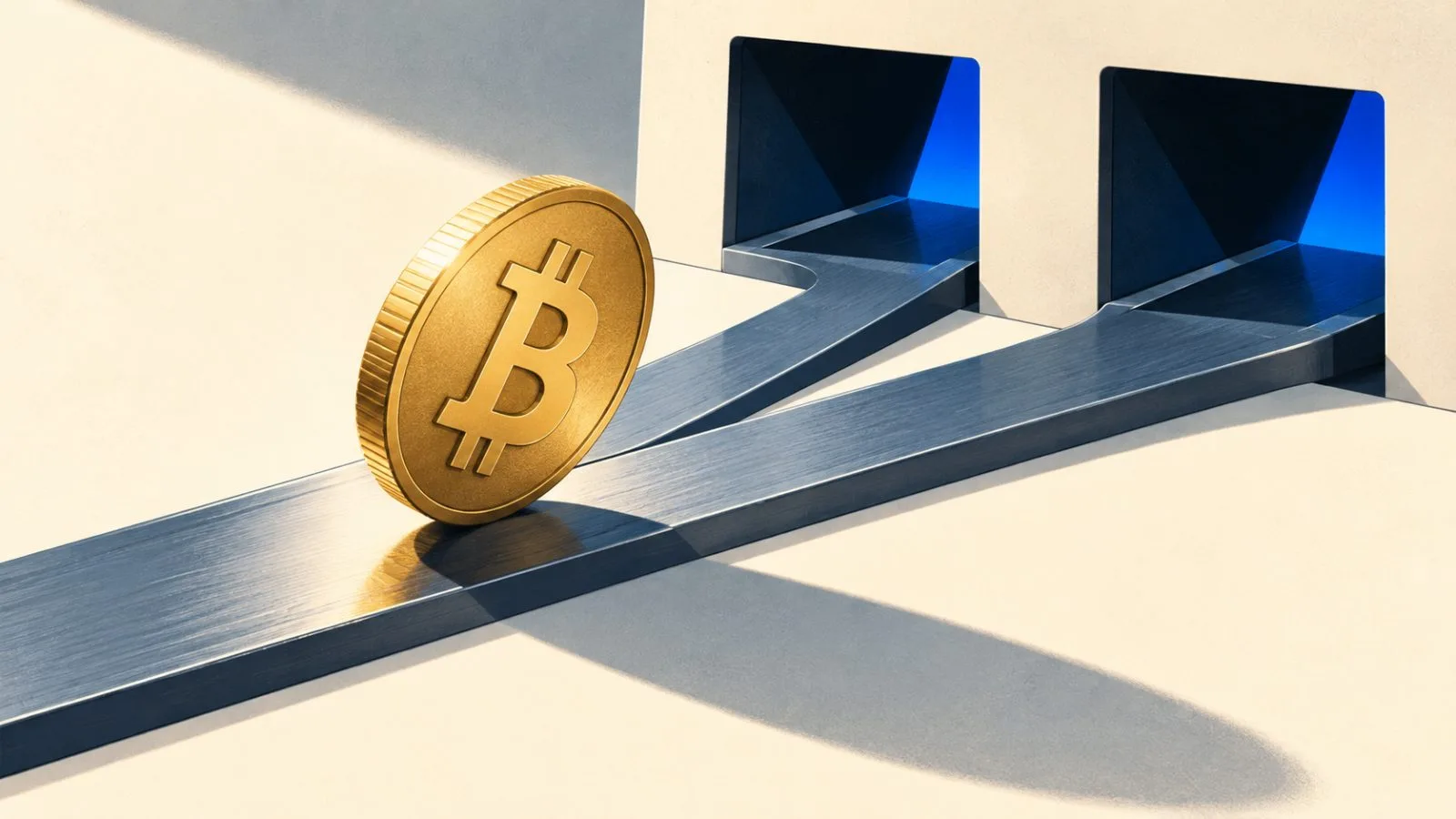 A gold token rests at a fork in a steel rail / TokenPost.ai