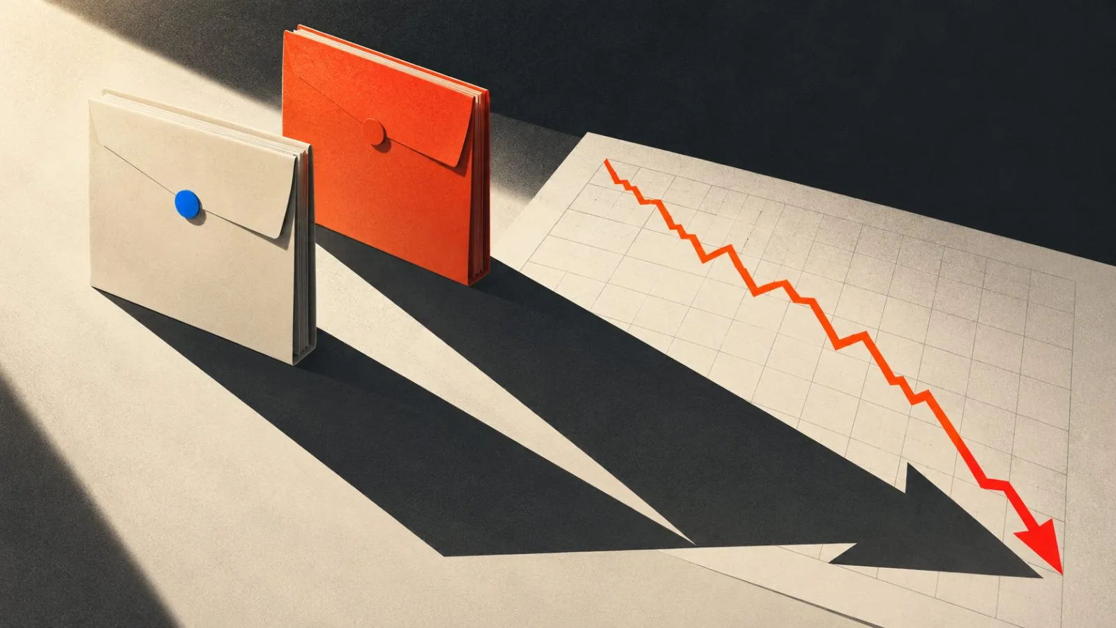 Two sealed earnings folders sit beside a sharply falling market chart. / TokenPost.ai