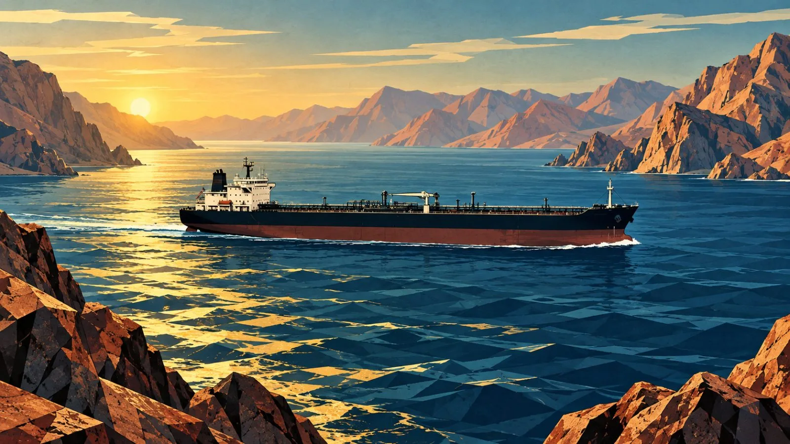 Oil tanker navigating narrow waters between rugged Gulf coastlines / TokenPost.ai