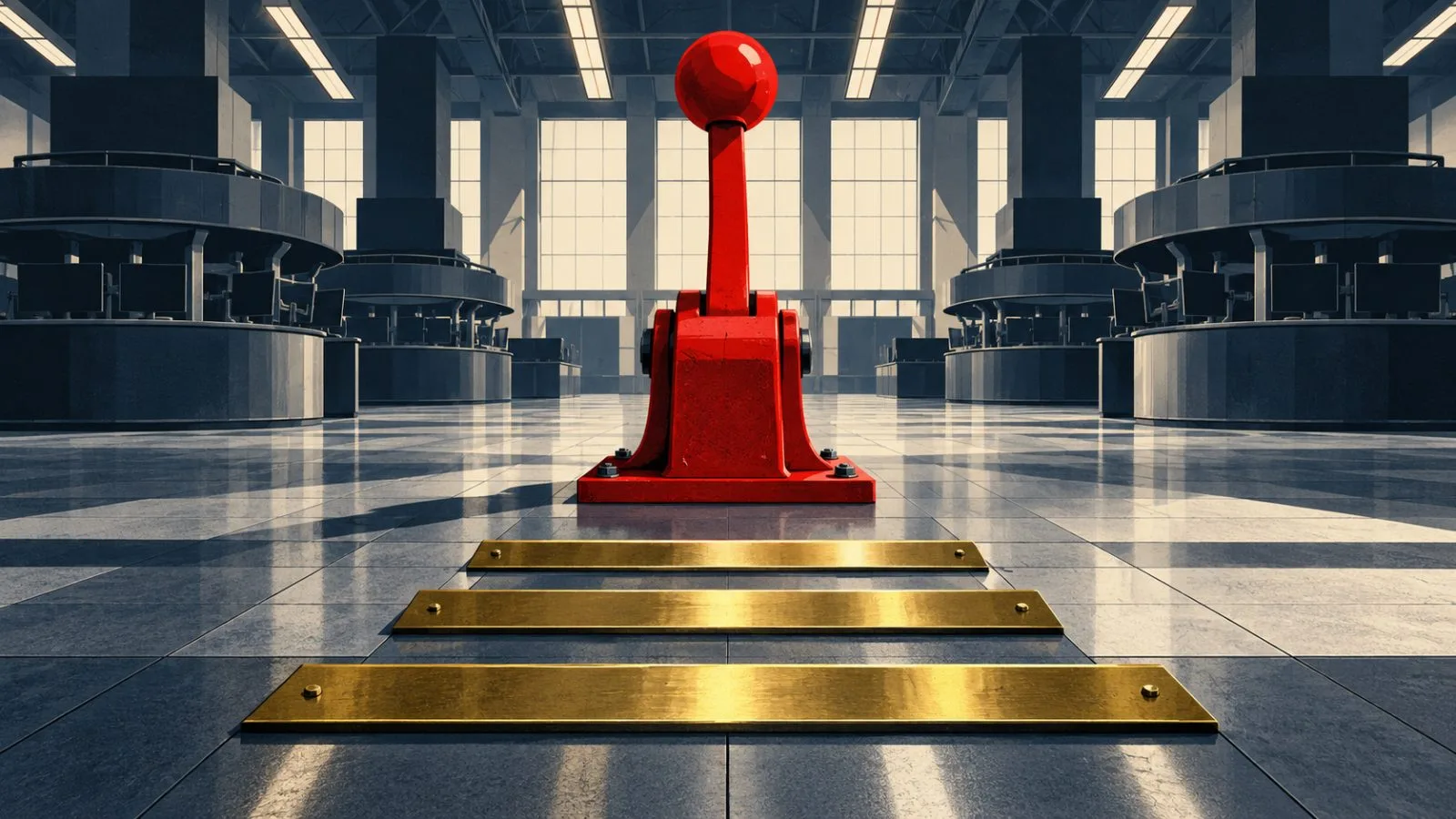 A red breaker lever rests before three brass threshold bars / TokenPost.ai