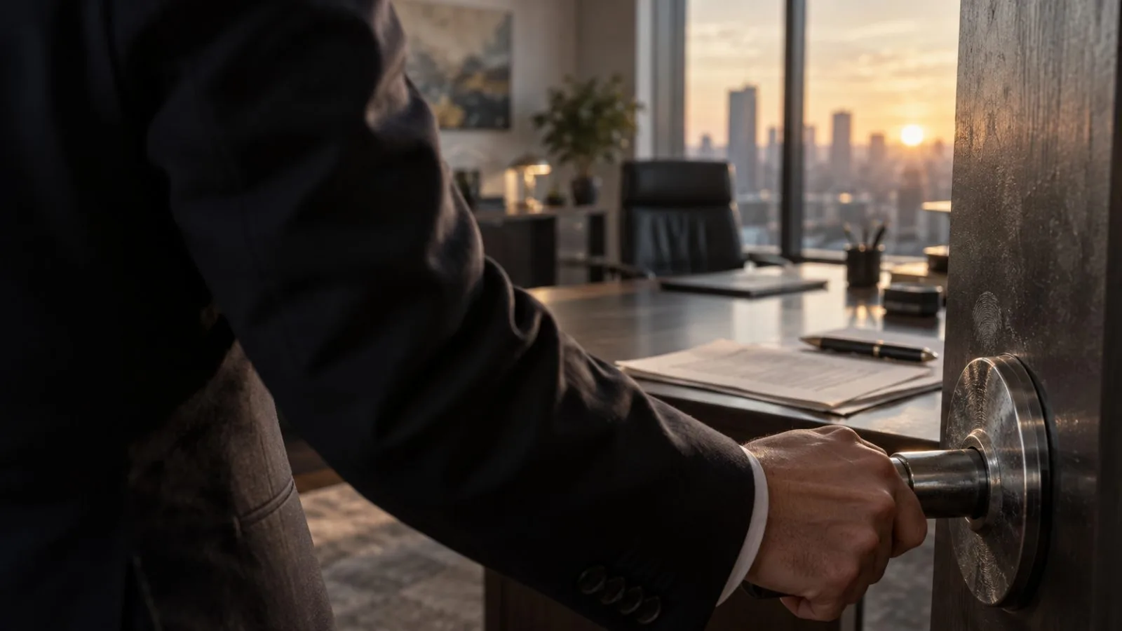 Anonymous executive entering a sunlit corporate office / TokenPost.ai