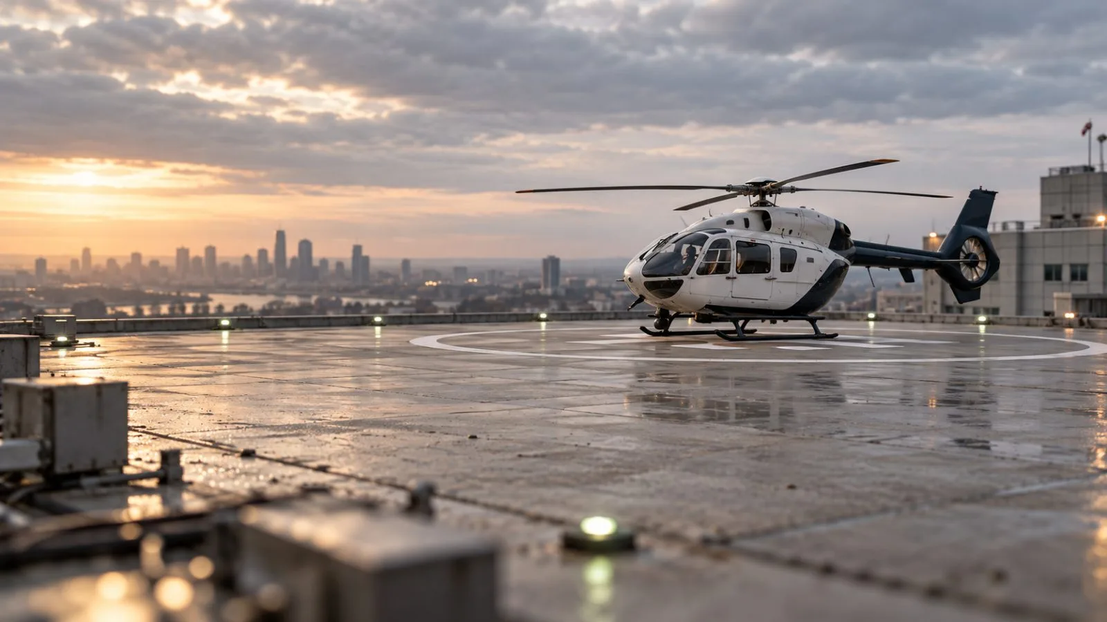 A medical transport helicopter rests on a quiet hospital rooftop helipad / TokenPost.ai