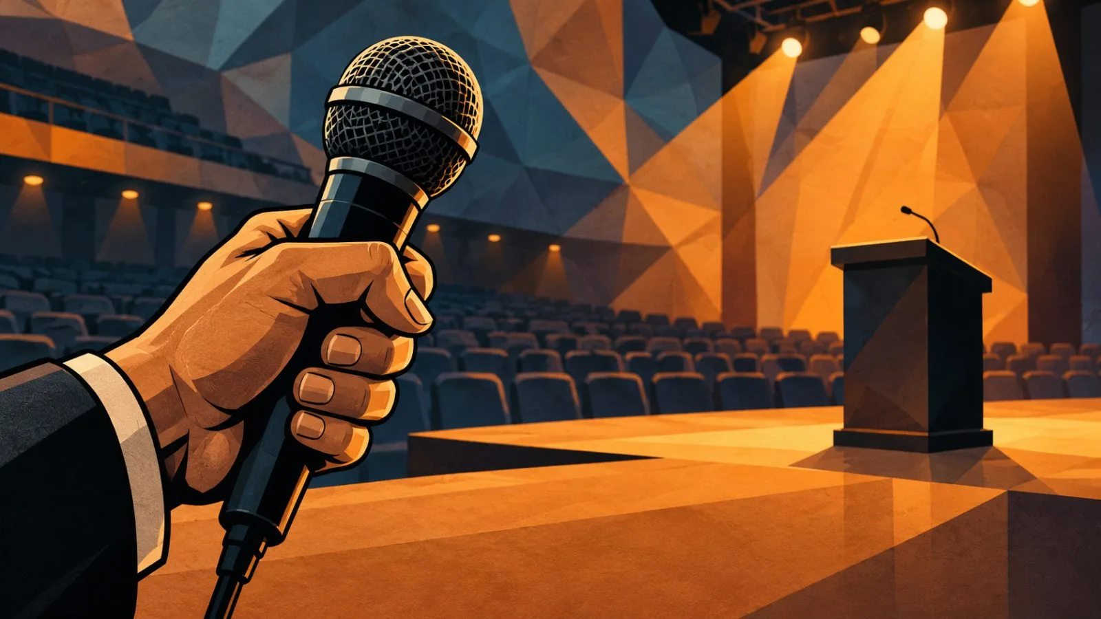Anonymous hand holding a microphone beside an empty conference stage / TokenPost.ai