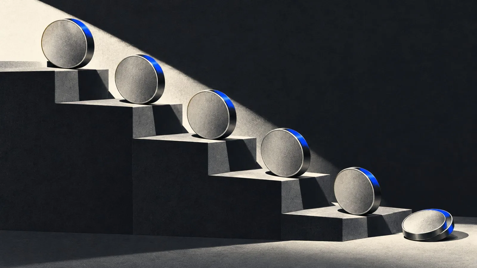 Unmarked metal tokens descend across a stepped charcoal surface / TokenPost.ai