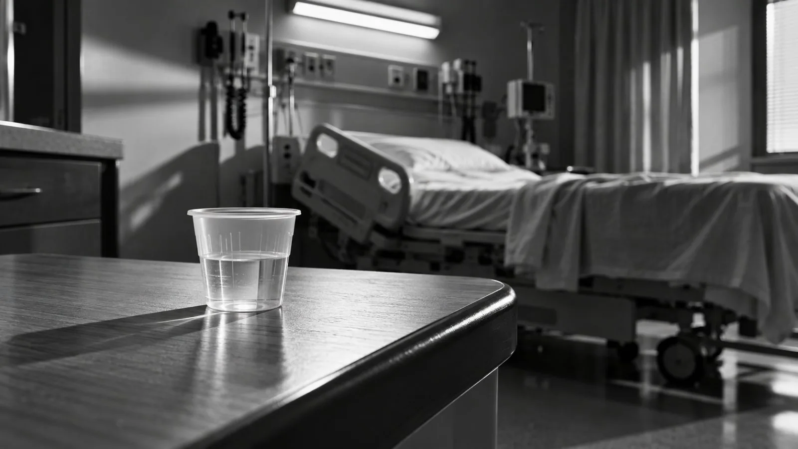 An unmarked medication cup beside an empty inpatient bed / TokenPost.ai
