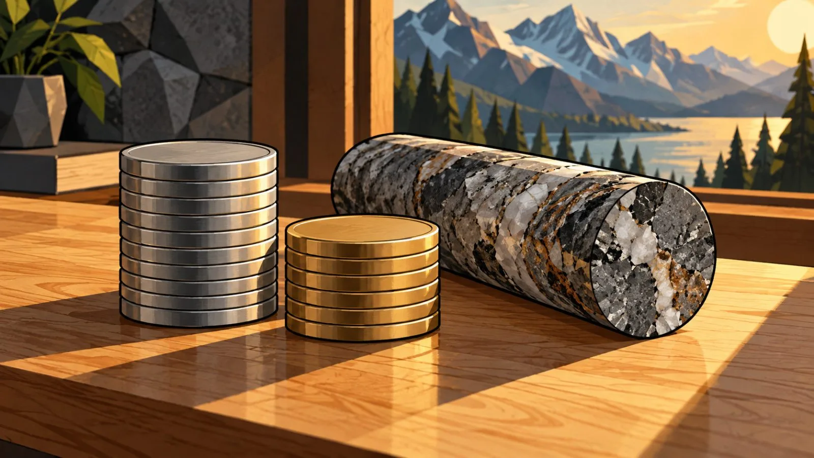 Metal tokens and a rock core sample on a counter / TokenPost.ai
