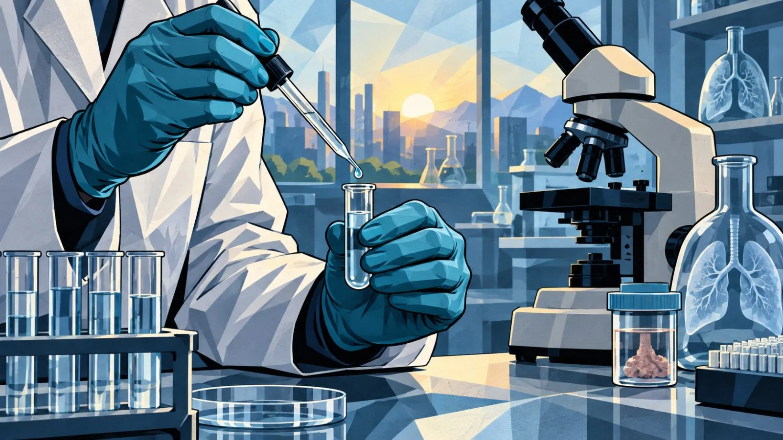 Gloved hands transfer liquid beside laboratory glassware and microscope / TokenPost.ai
