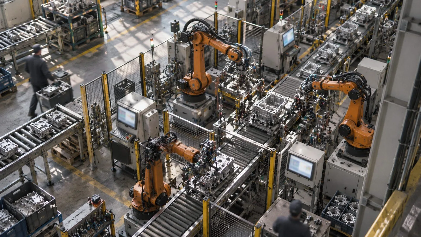Industrial computers mounted beside robotic arms on a factory line / TokenPost.ai