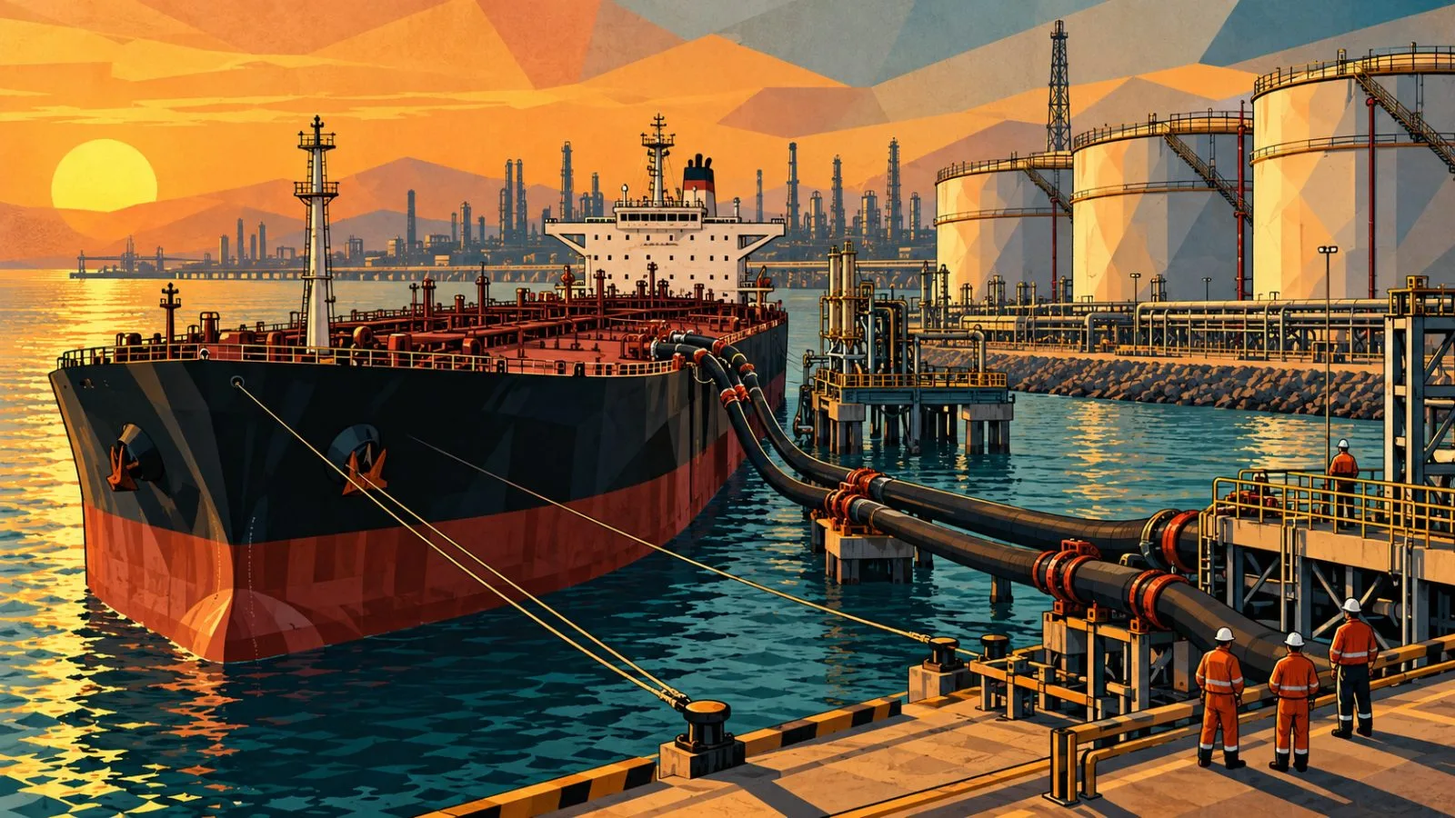 Crude tanker approaching refinery storage tanks at sunrise / TokenPost.ai