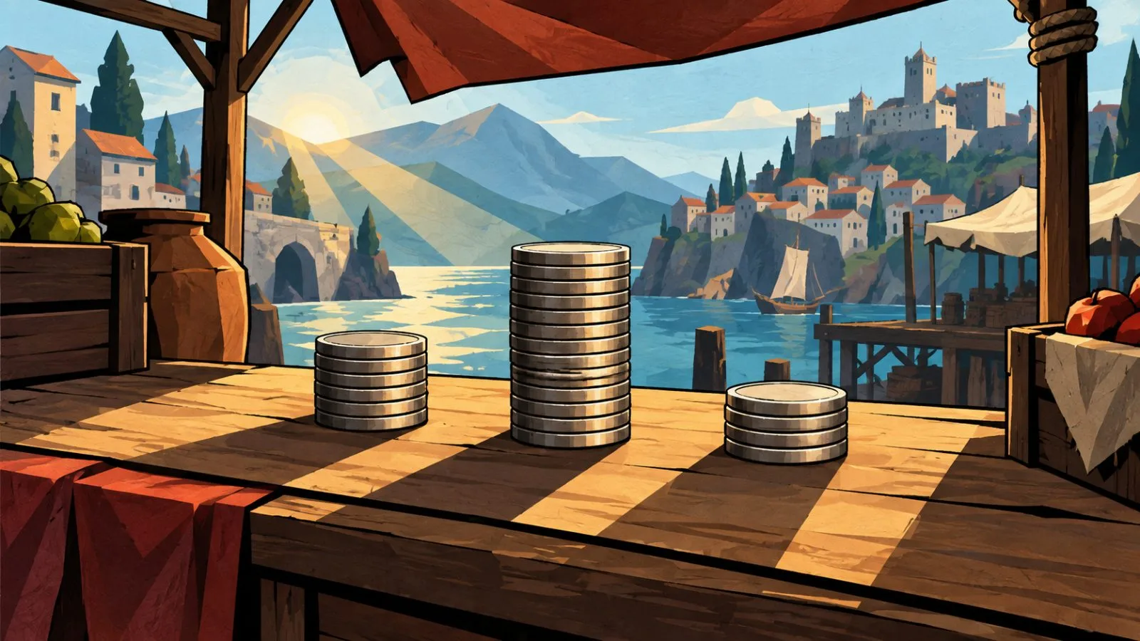Three uneven stacks of metal tokens on a market stall counter / TokenPost.ai