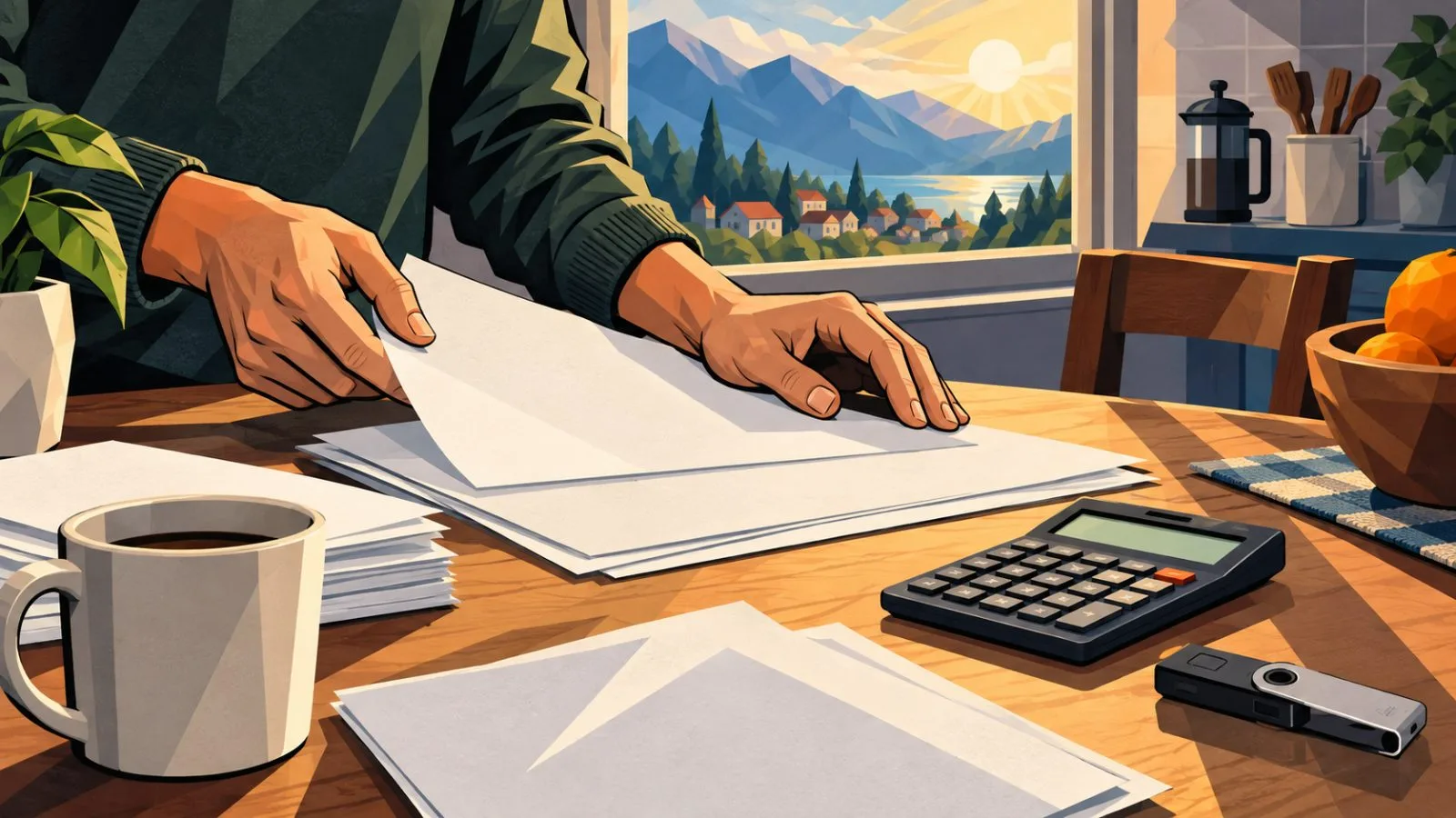 Blank tax forms, calculator, and hardware wallet on a table / TokenPost.ai