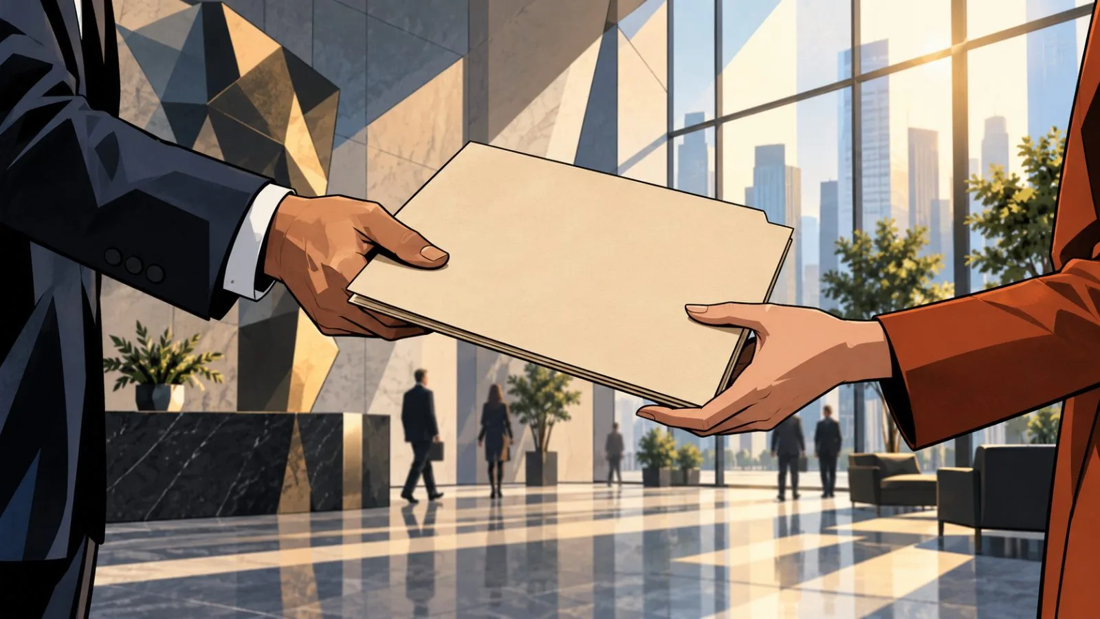 Anonymous hands exchange a blank investment folder in a bright lobby / TokenPost.ai