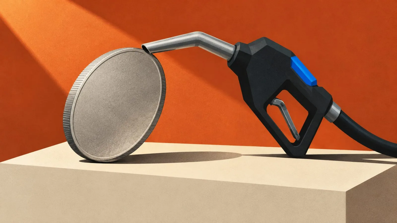 An unmarked coin leans against a gasoline pump nozzle / TokenPost.ai