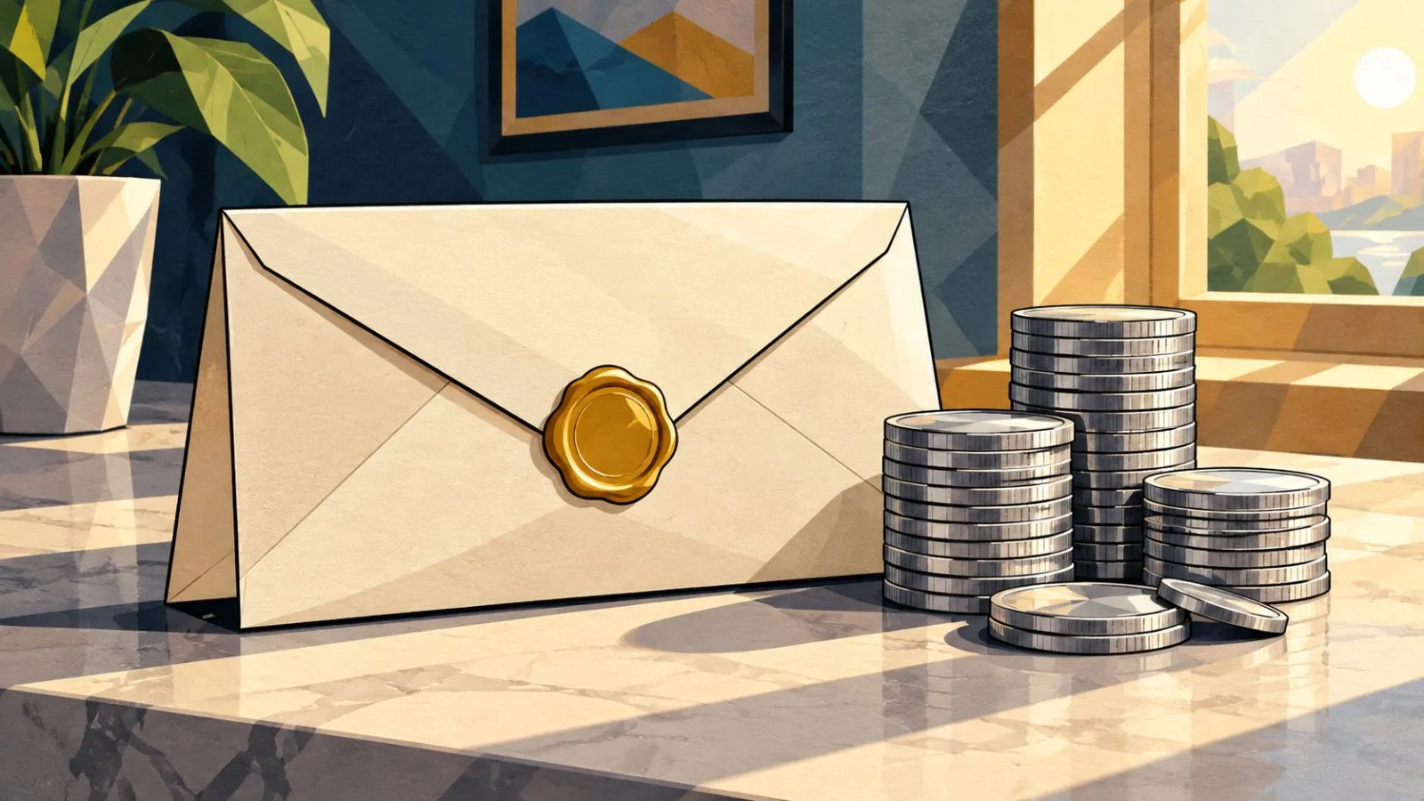 Sealed dividend envelope beside neatly stacked silver coins / TokenPost.ai