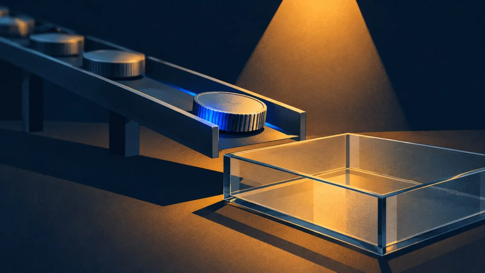 An unmarked token rests above a narrow steel channel / TokenPost.ai