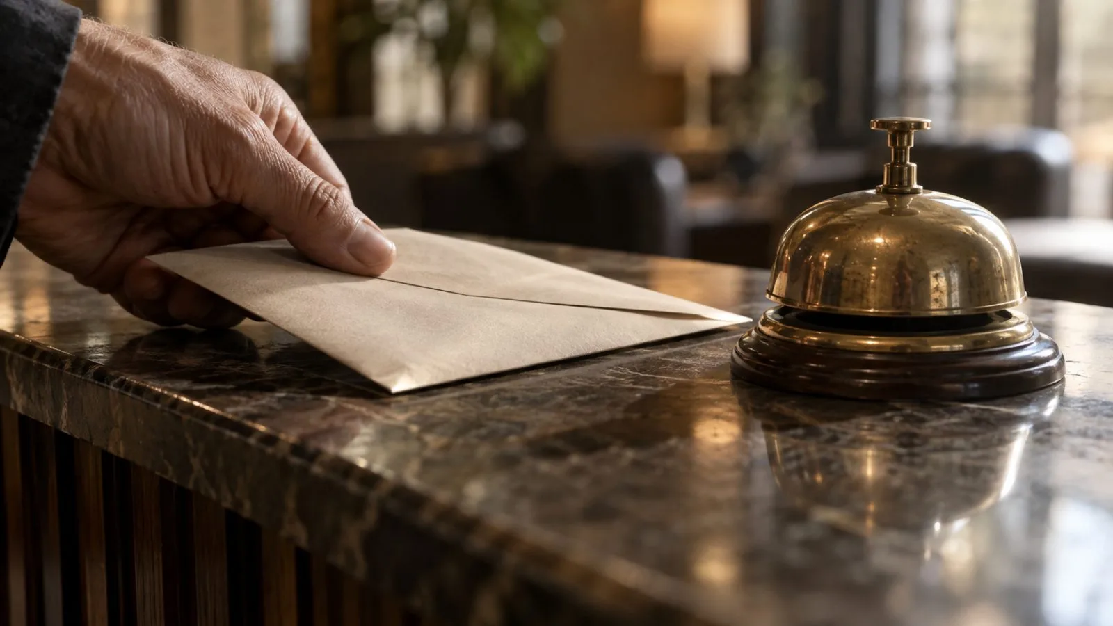 Sealed envelope beside a hotel reception bell in afternoon light / TokenPost.ai