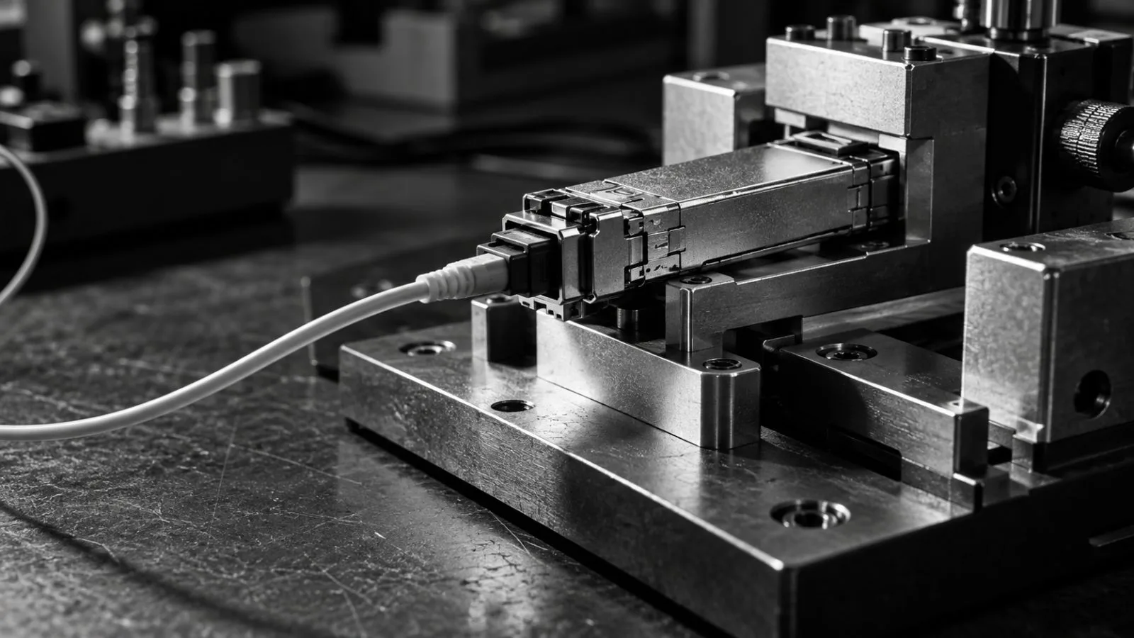 A fiber optic module rests beside a precision testing fixture / TokenPost.ai