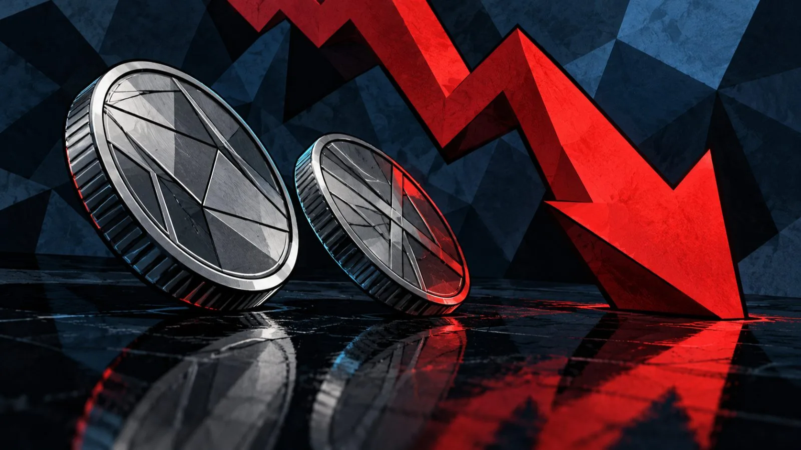 Metallic coins tilt beside a sharply angled red market arrow / TokenPost.ai