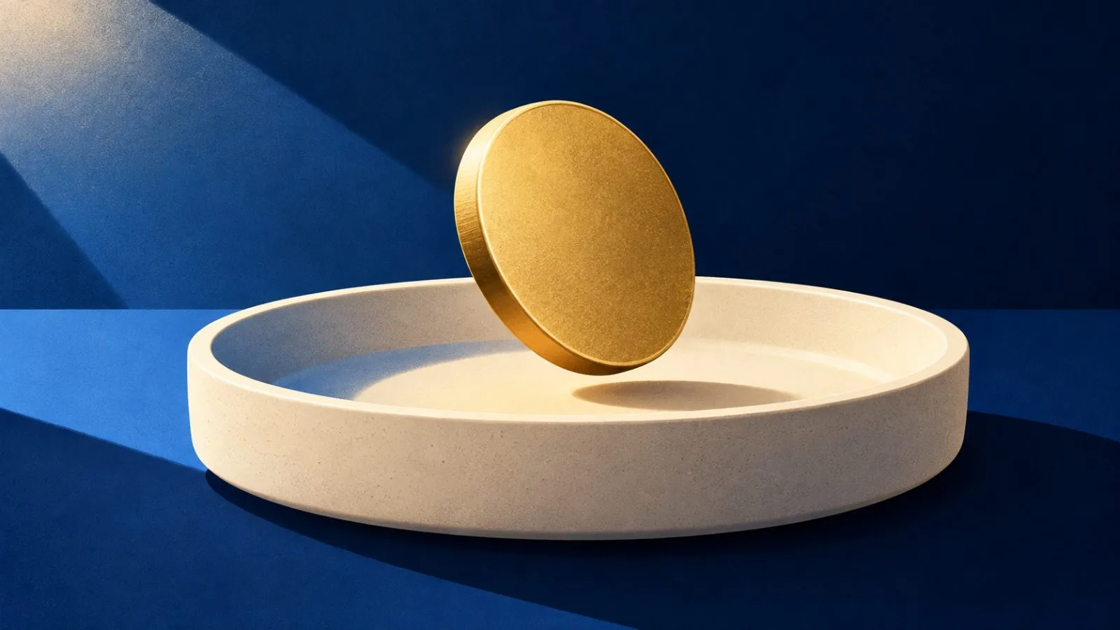 A brass disc rests in a shallow ceramic tray / TokenPost.ai