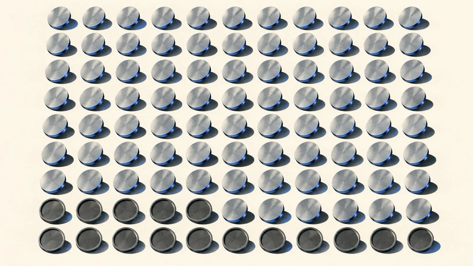 Metal tokens tilt upward in orderly rows across an ivory surface / TokenPost.ai