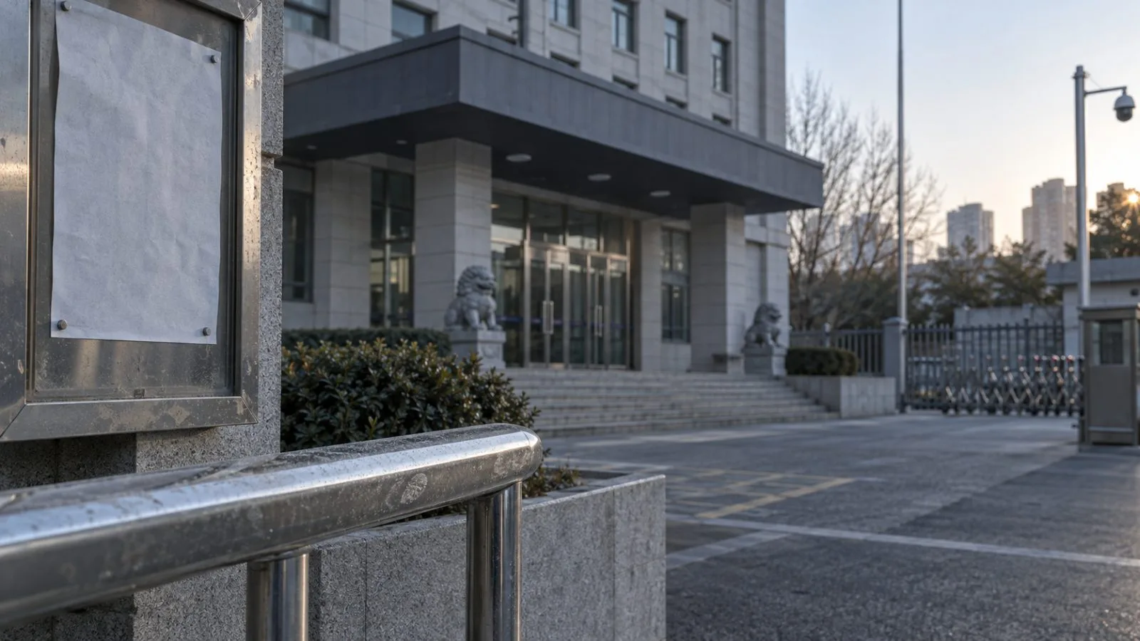Beijing police building entrance under cool early morning light / TokenPost.ai