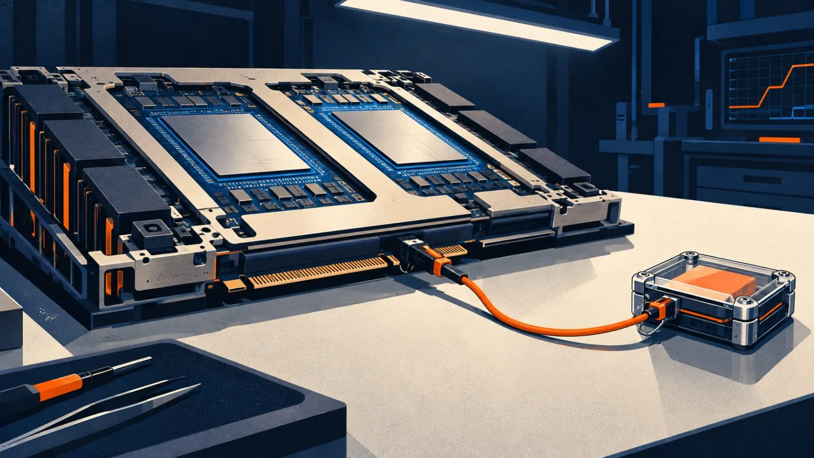 A PCIe test probe rests beside an accelerator module / TokenPost.ai