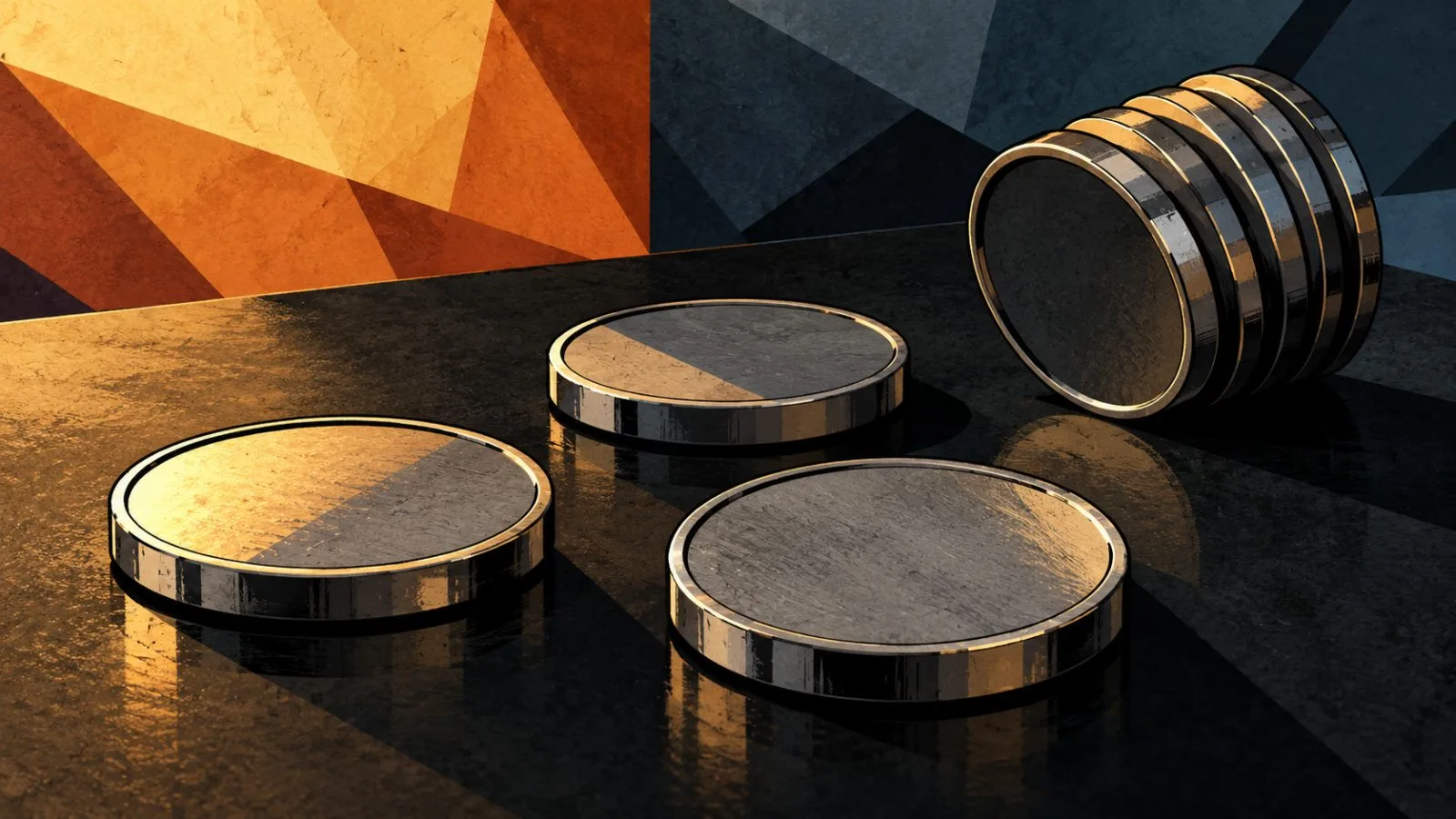 Unmarked metal tokens lie beside a toppled stack / TokenPost.ai