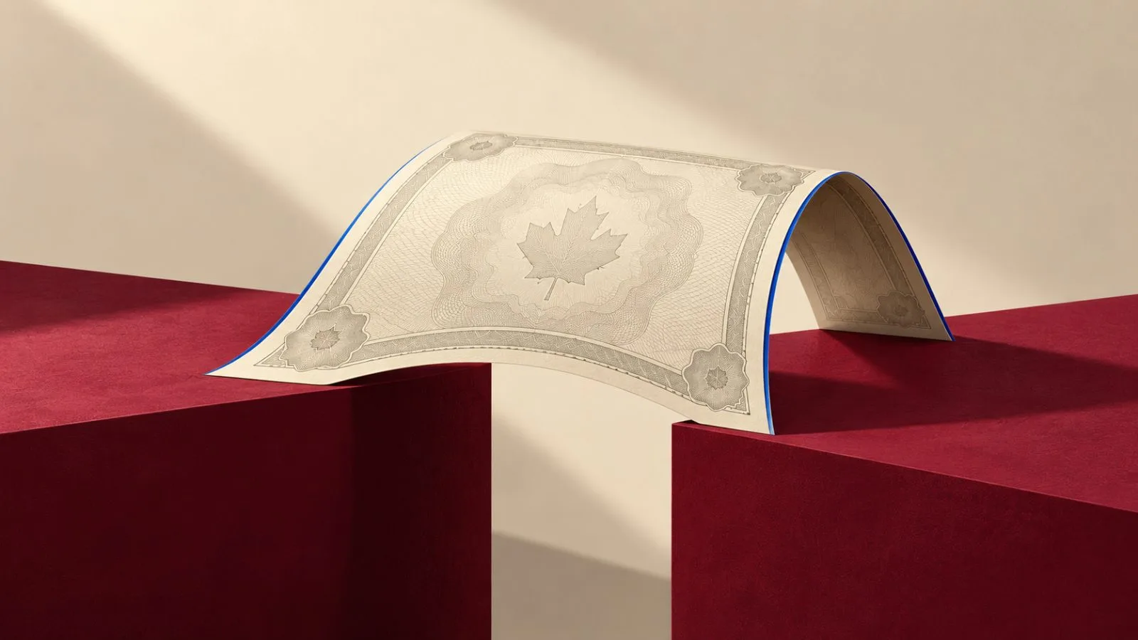 An unmarked bond certificate stands on a burgundy plinth / TokenPost.ai