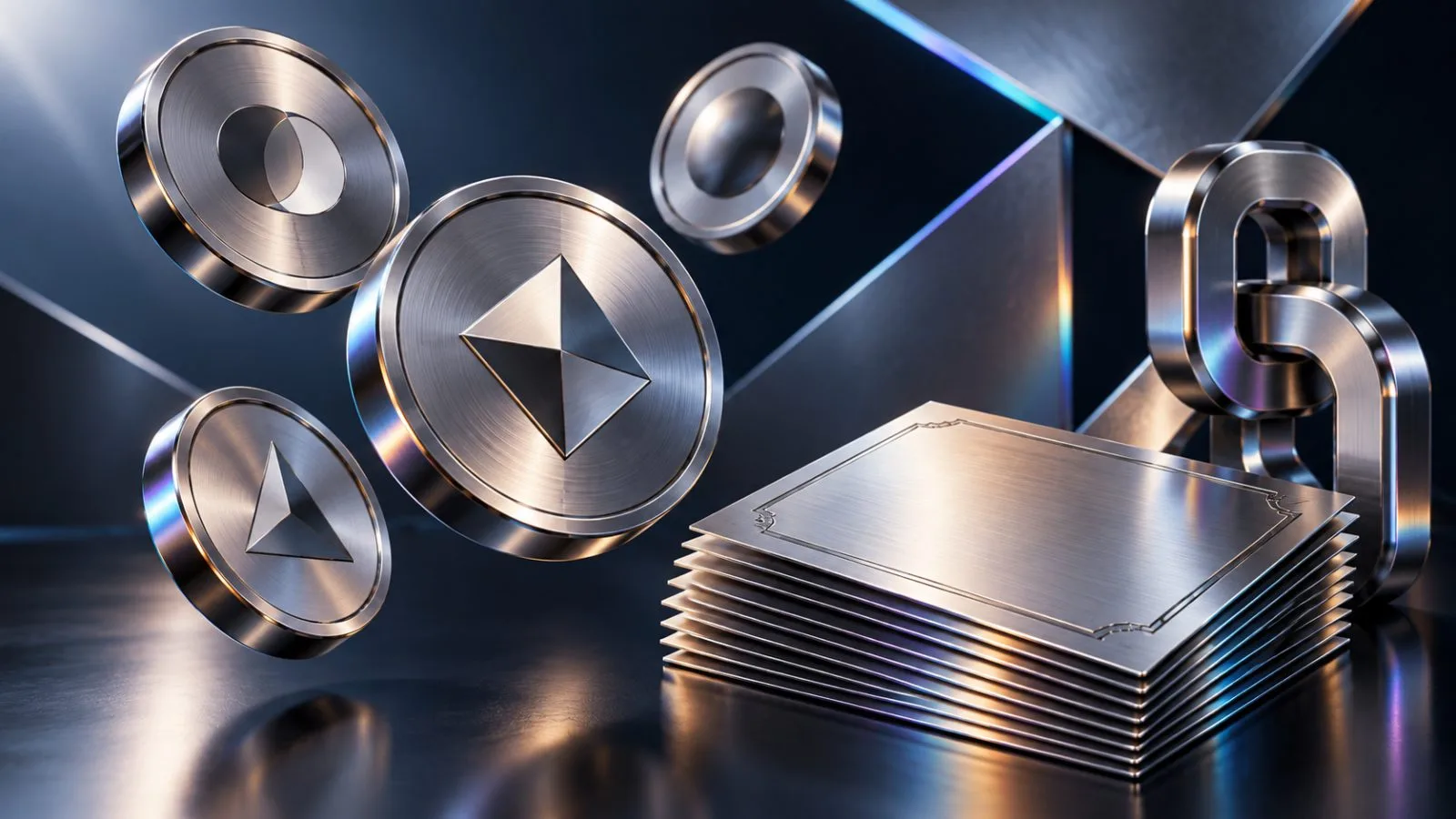 Blank metallic certificates arranged beside a sculptural chain-link structure / TokenPost.ai