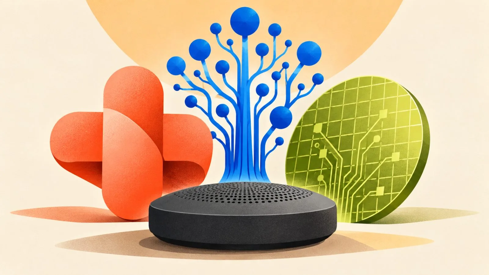 A speakerphone sits before three rising sculptural forms / TokenPost.ai