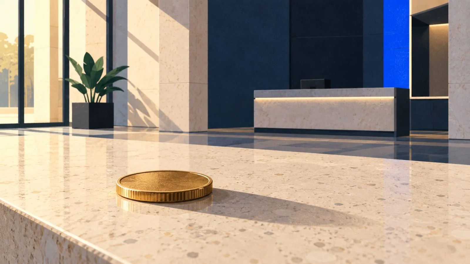 A brass coin rests alone on a pale stone bank counter / TokenPost.ai