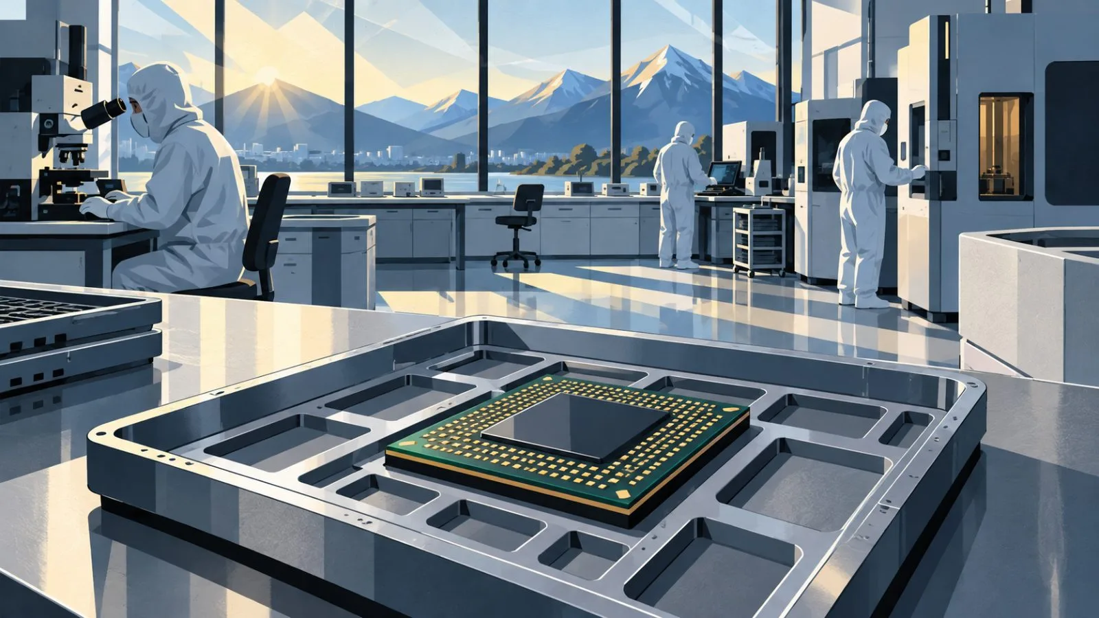 Specialized AI chip resting on a semiconductor fabrication tray / TokenPost.ai
