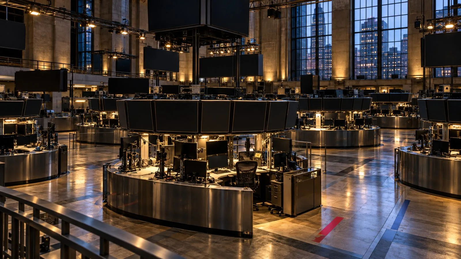 Empty exchange floor with trading stations under overhead lights / TokenPost.ai