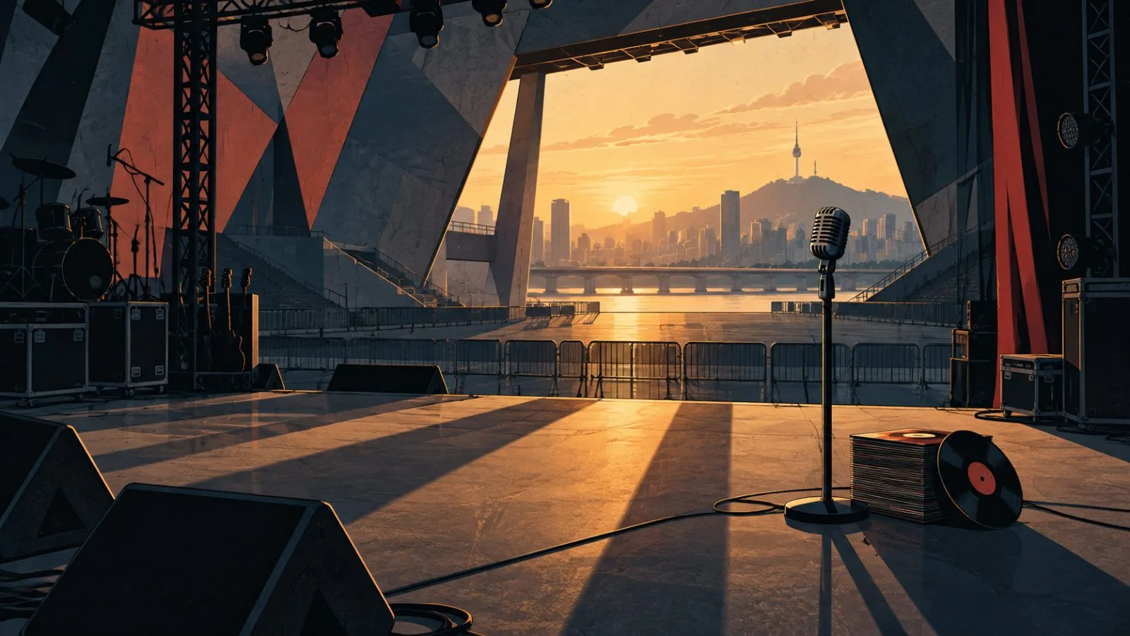 Empty concert stage beneath warm rehearsal lights / TokenPost.ai