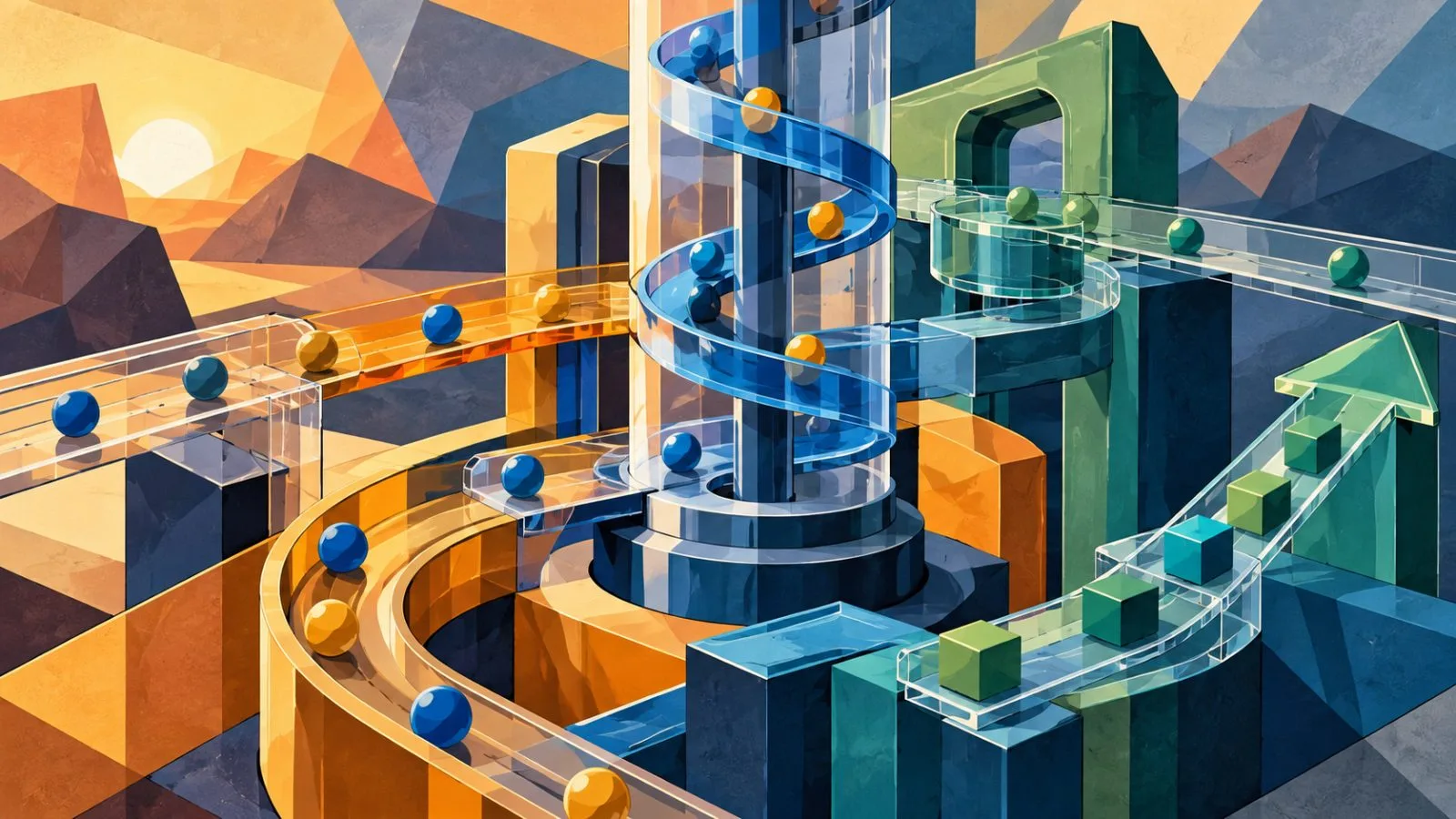 Acrylic workflow sculpture with markers arranged along connected paths / TokenPost.ai