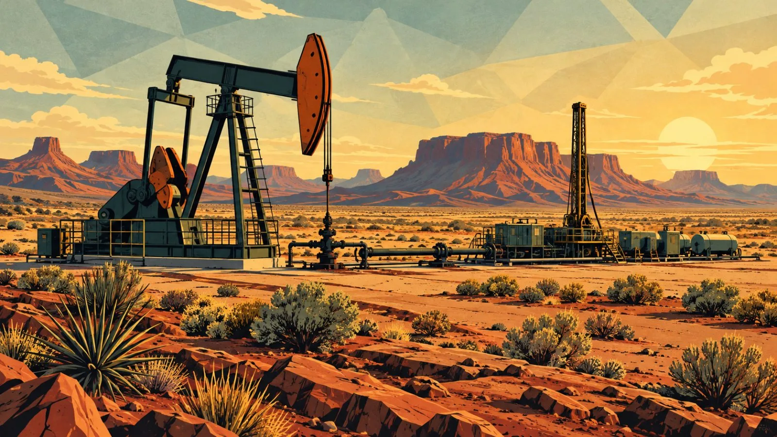 Pumpjack and drilling equipment across a sunlit desert field / TokenPost.ai