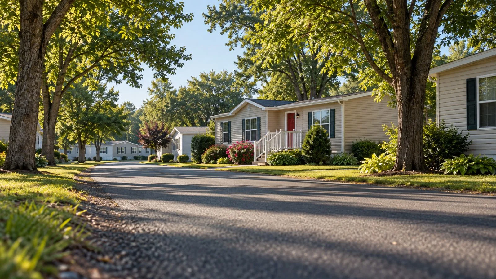 A tree-lined road winds through a quiet manufactured housing community / TokenPost.ai