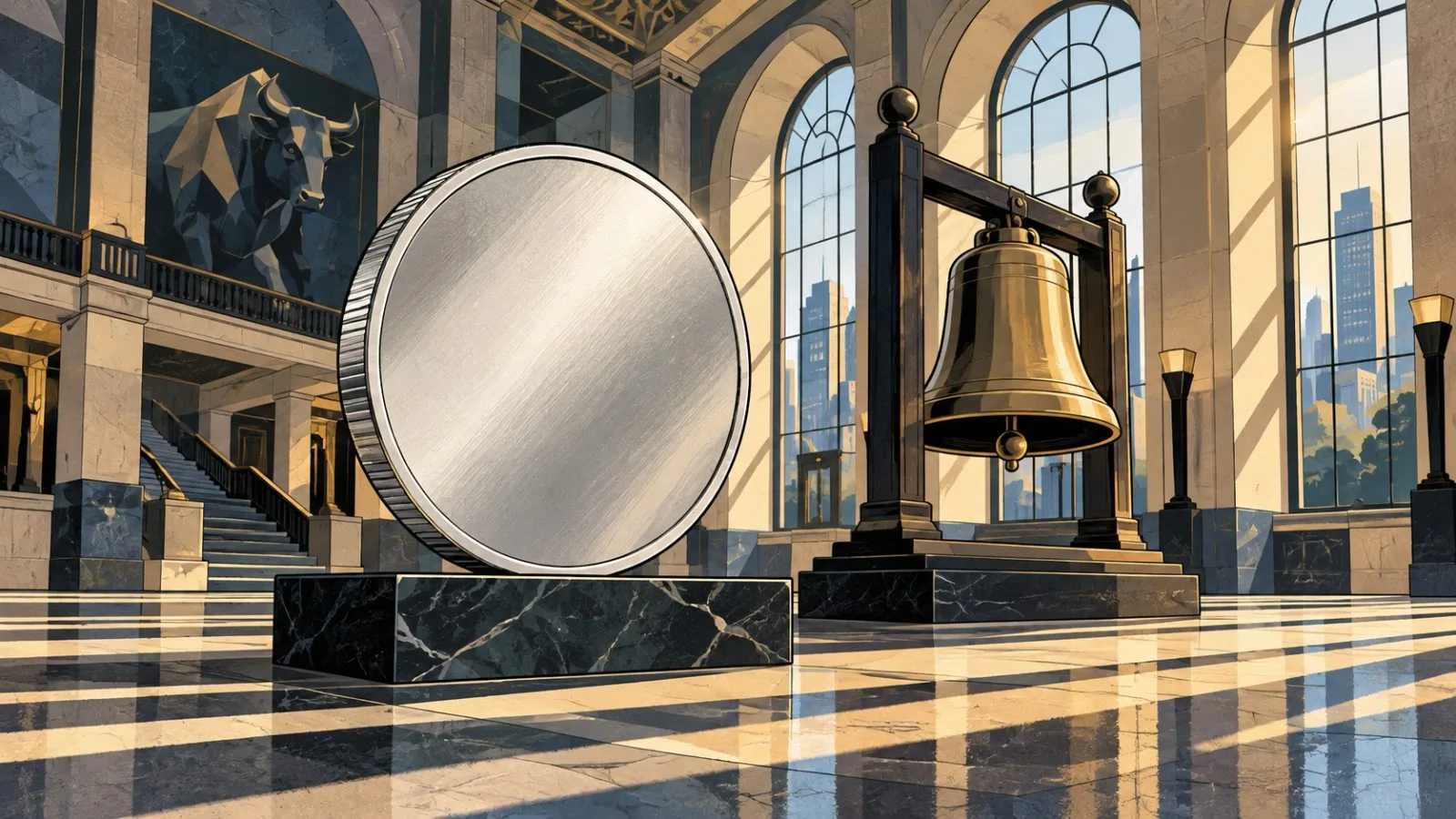 Silver medallion beside an exchange bell in a quiet lobby / TokenPost.ai