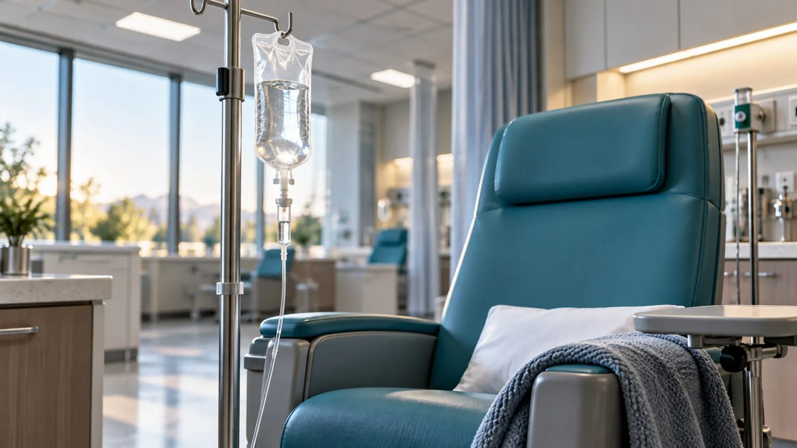An unmarked infusion bag hangs beside an empty oncology treatment chair / TokenPost.ai
