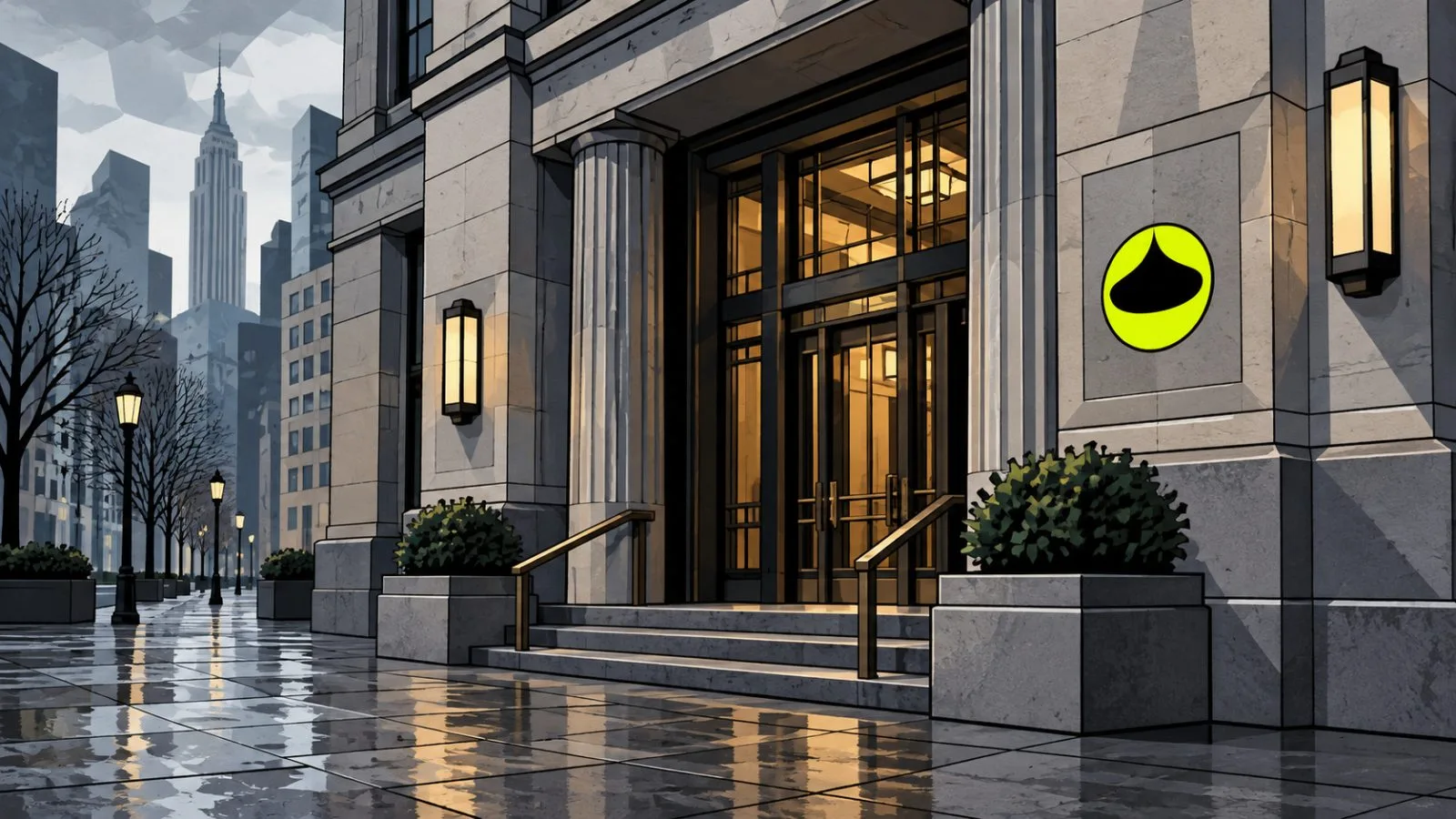 A stone bank entrance sits beneath a softly overcast New York sky / TokenPost.ai