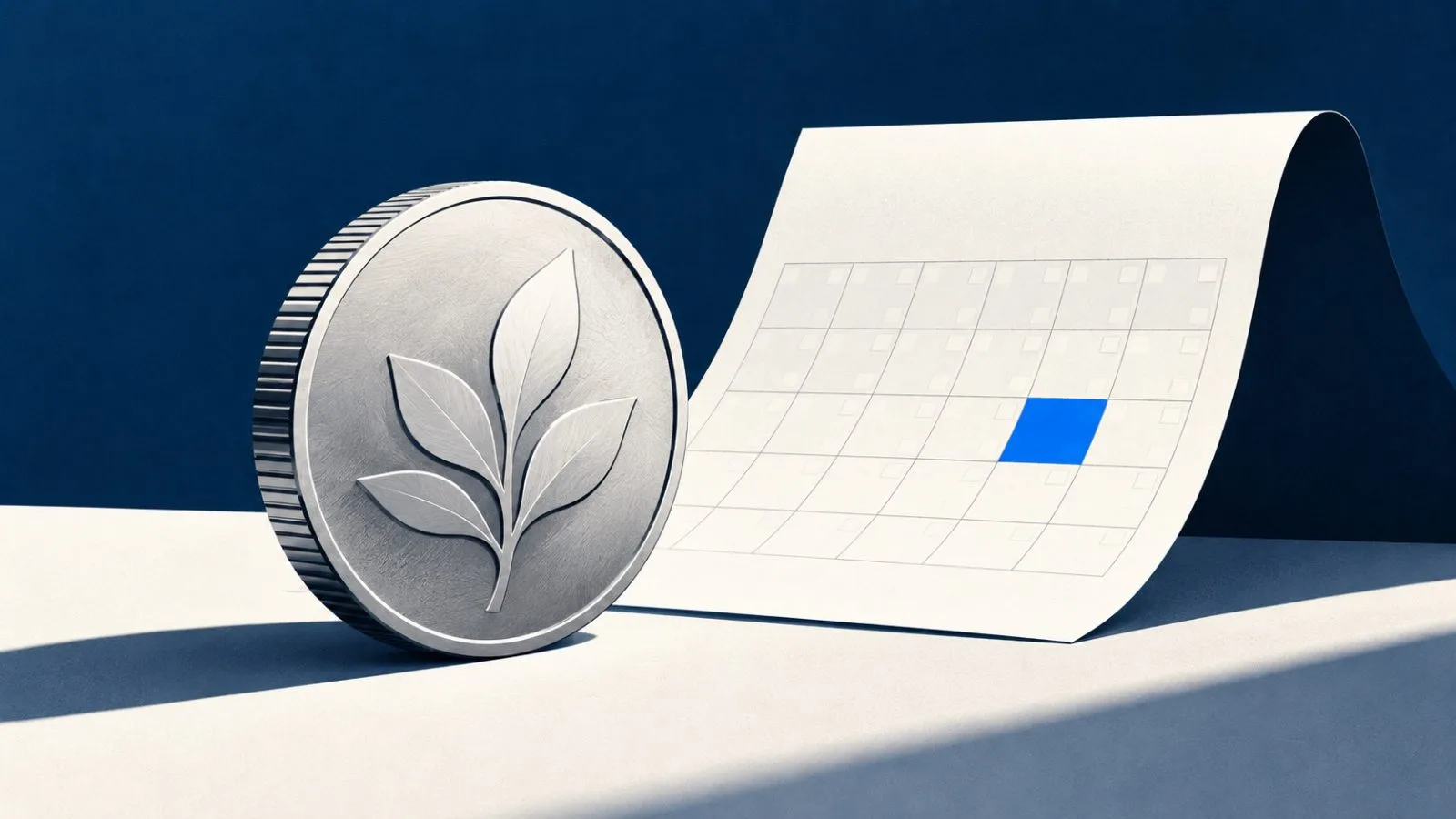 A silver coin rests beside a blank calendar leaf / TokenPost.ai