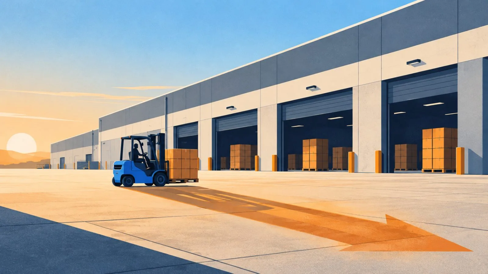 A forklift carries a pallet past open warehouse loading bays / TokenPost.ai