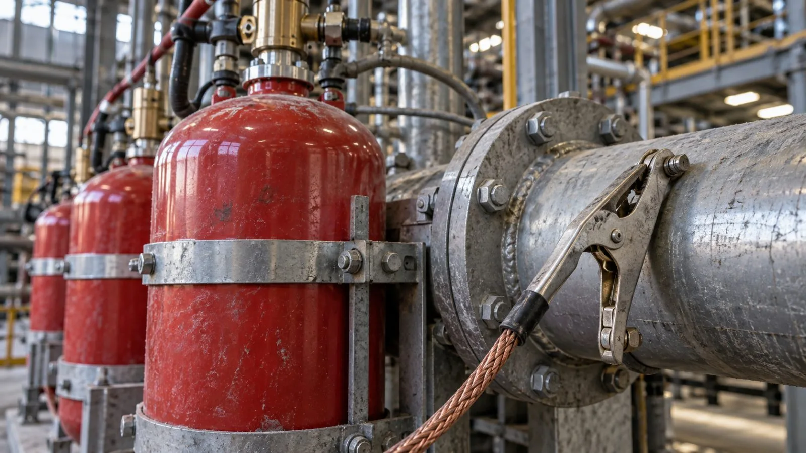 Suppression vessels and a grounding clamp beside industrial piping / TokenPost.ai