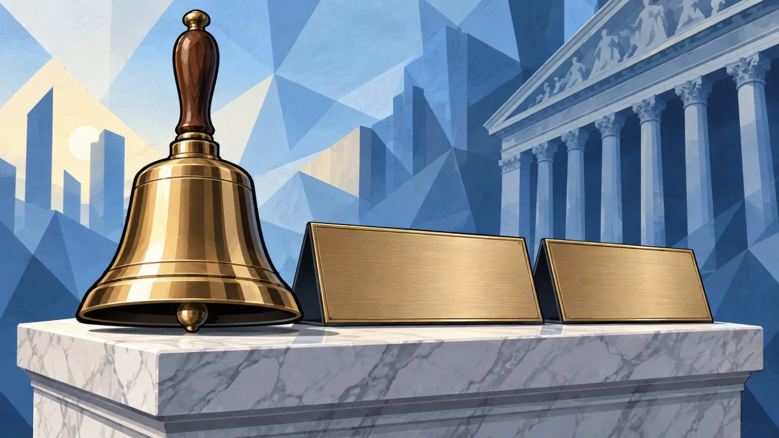 Exchange bell beside blank ticker plates on a marble pedestal / TokenPost.ai