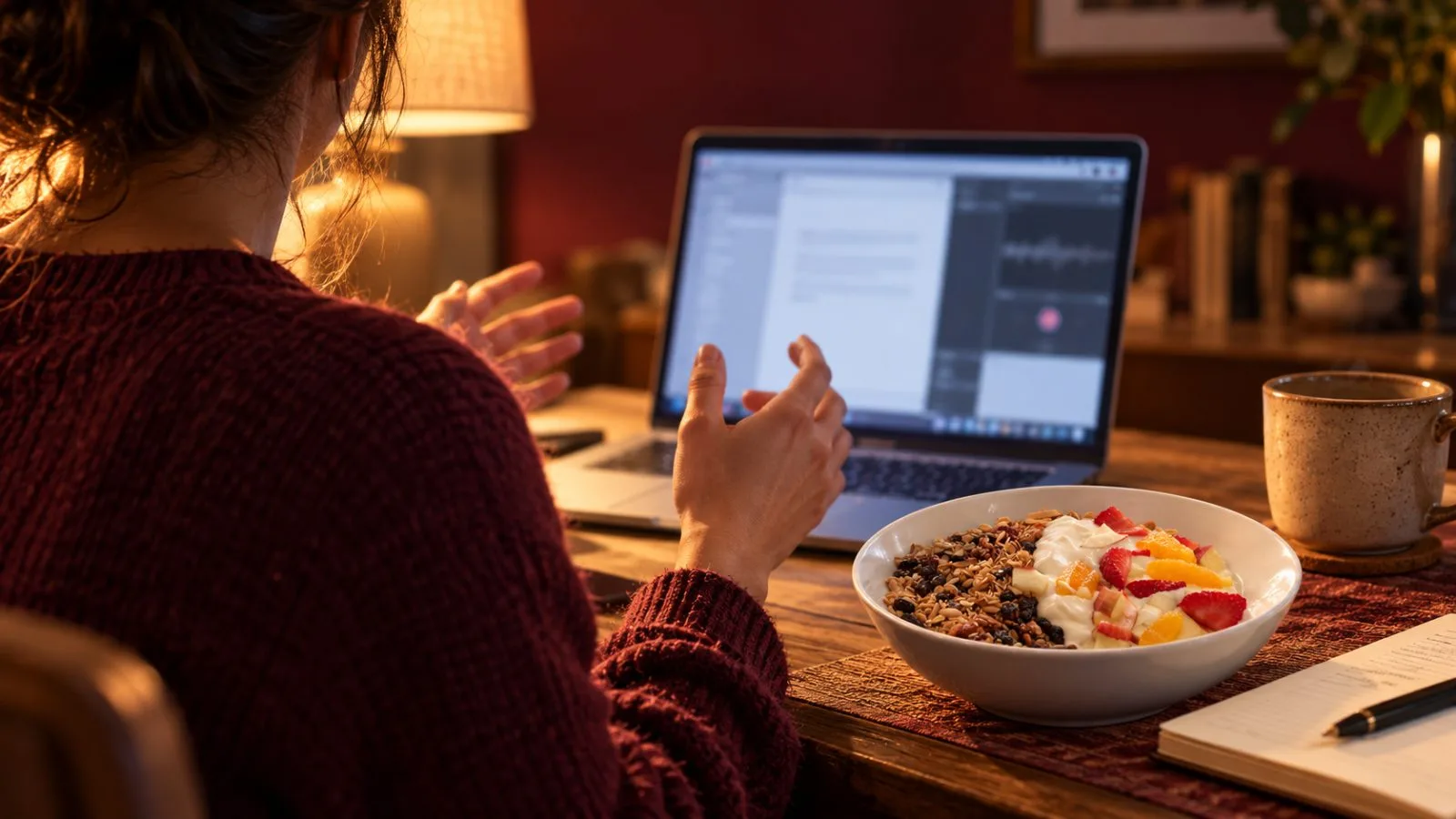 A speaker leans toward an open MacBook in lamplight / TokenPost.ai
