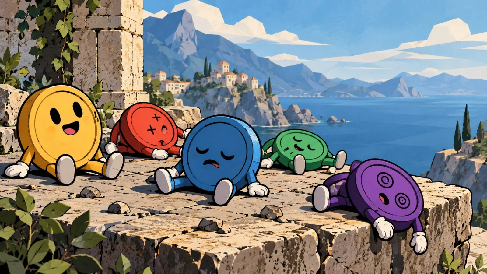 Colorful token figurines lie scattered across a worn stone ledge / TokenPost.ai