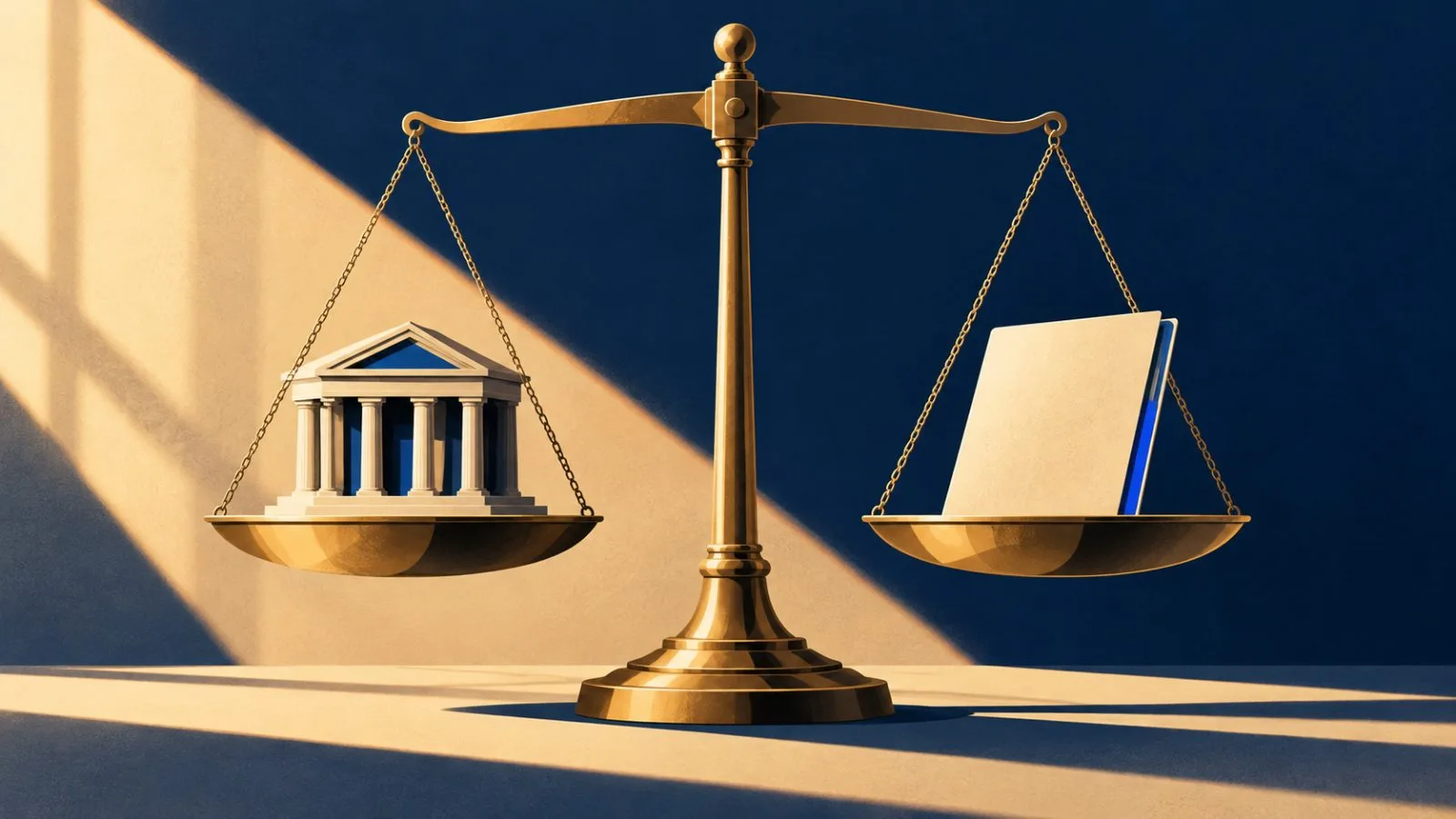 A brass balance scale beside a miniature commercial bank building / TokenPost.ai