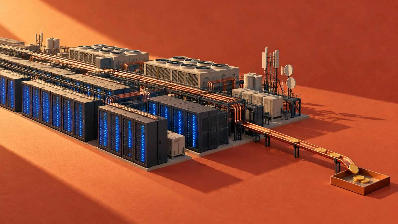 A small payout tray beside an expanding data center model / TokenPost.ai